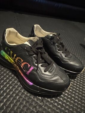 Gucci Black Kids' Leather Sneakers with Rainbow Logo Accent